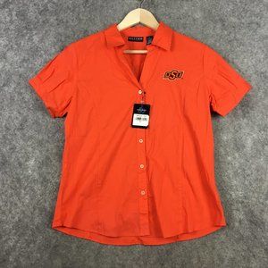 OSU Oklahoma State University Top Women XL S Short Puff Sleeve Buttons Oxford
